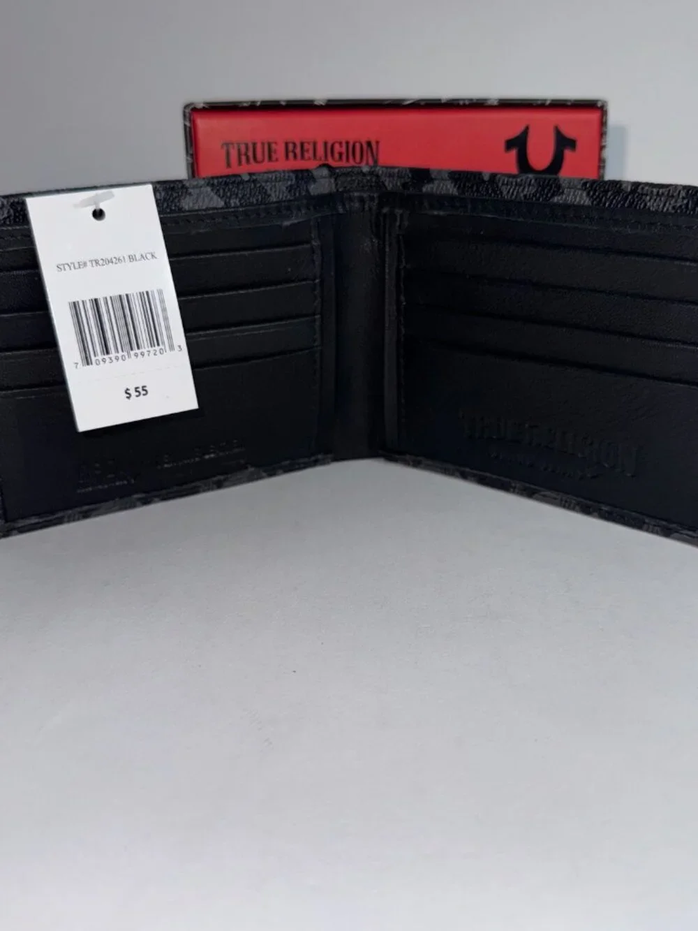 RUE RELIGION Black Leather Bifold Wallet Logo Boxed RFID Gift for Men NWT